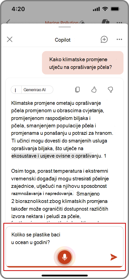 Snimka zaslona značajke Copilot u programu PowerPoint na uređaju sa sustavom iOS s istaknutom mogućnošću glasovnog unosa