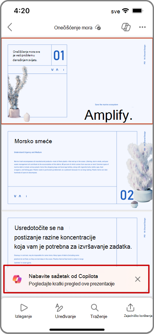 Snimka zaslona značajke Copilot u programu PowerPoint na uređaju sa sustavom iOS s istaknutim upitom za dohvaćanje sažetka
