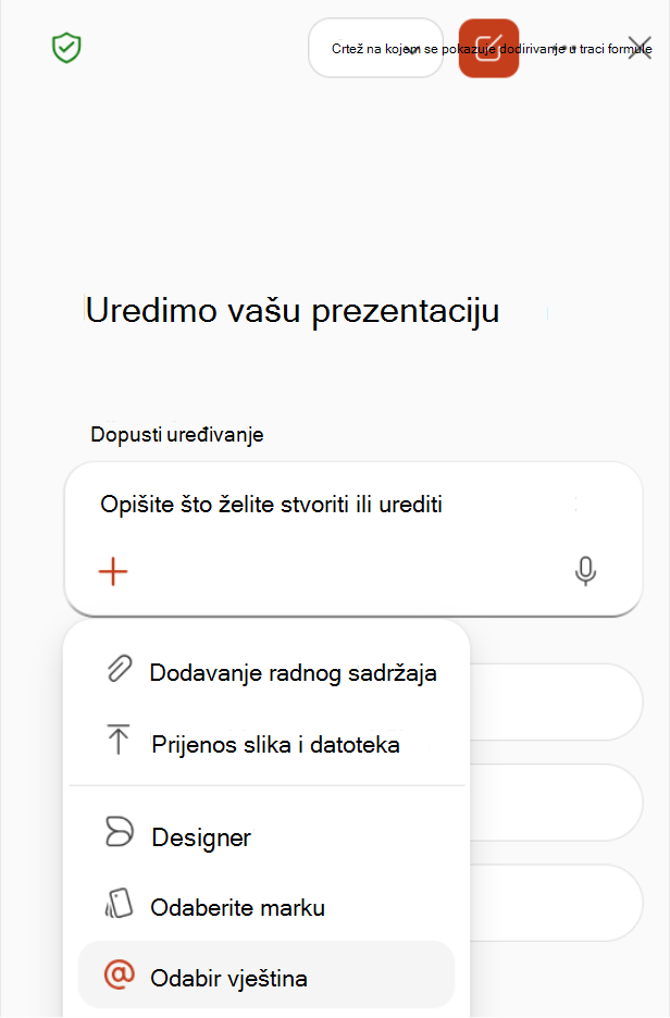 Snimka zaslona na kojoj se prikazuje odabir mogućnosti Odaberi vještine s izbornika s plusom u oknu rješenja Copilot.