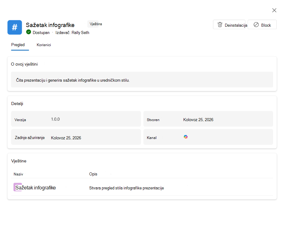 Snimka zaslona koja prikazuje pojedinosti, korisnike, verziju i status implementacije vještine.