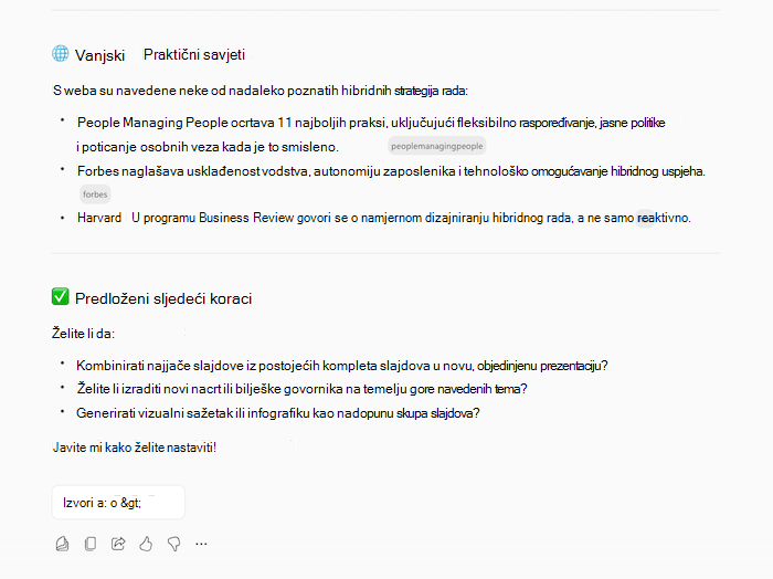 Snimka zaslona odgovora Copilota na stvaranje prezentacije koja prikazuje informacije o traženoj temi i dodatna pitanja.