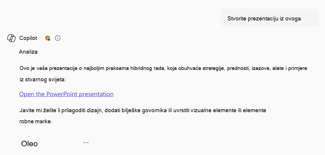 Snimka zaslona M365 Copilota koji generira PowerPoint i korisniku šalje vezu.