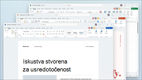 Word, Excel i PowerPoint prikazani su s vizualnim ažuriranjima na vrpci i zaobljenim kutovima kako bi odgovarali korisničkom sučelju sustava Windows 11.