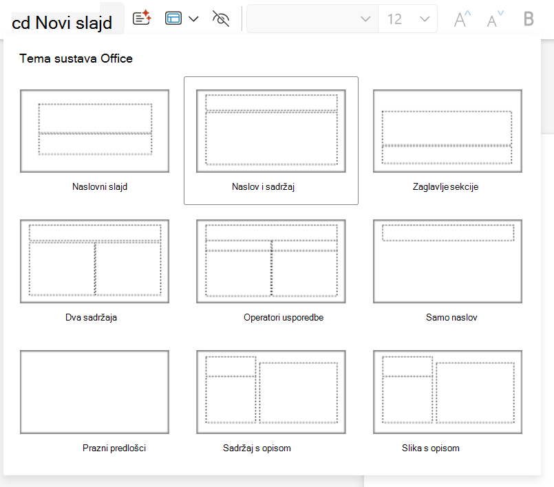 Padajući izbornik Novi slajd na kartici Polazno u aplikaciji PowerPoint za web
