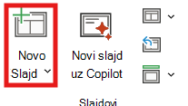 Snimka zaslona na kojoj se prikazuje raspored Novi slajd.