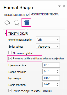 Odabir mogućnosti Promjena veličine oblika radi prilagođavanja teksta u oknu Oblikovanje oblika