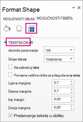Mogućnosti tekstnog okvira u oknu Oblikovanje oblika