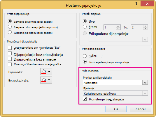 Mogućnosti monitora u dijaloškom okviru Postavljanje dijaprojekcije