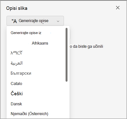 Padajući izbornik generiranja opisa u oknu Titlovi.