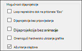 Grupa Mogućnosti prikaza u odjeljku Postavljanje dijaprojekcije s omogućenim ažuriranjem slajdova.