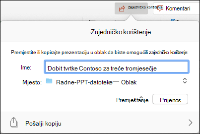 Dijaloški okvir koji nudi prijenos prezentacije u Microsoftovu pohranu u oblaku radi neometanog zajedničkog korištenja.