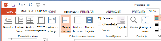 Gumb Matrica slajdova nalazi se na kartici Prikaz na vrpci.