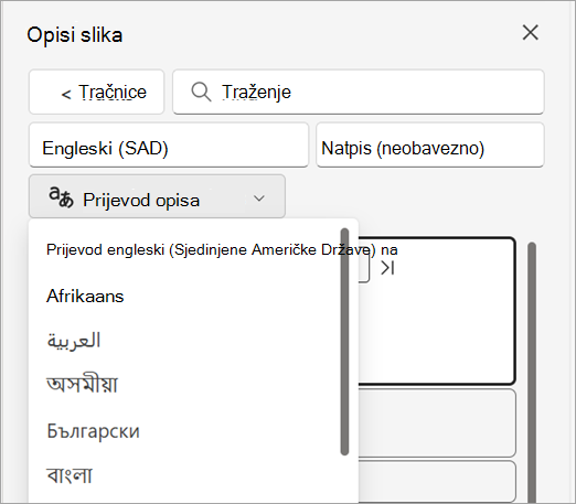 Padajući izbornik za prevođenje opisa u oknu Titlovi.