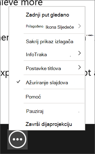 Snimka zaslona izbornika Više mogućnosti dijaprojekcije s odabranom stavkom Ažuriraj slajdove.