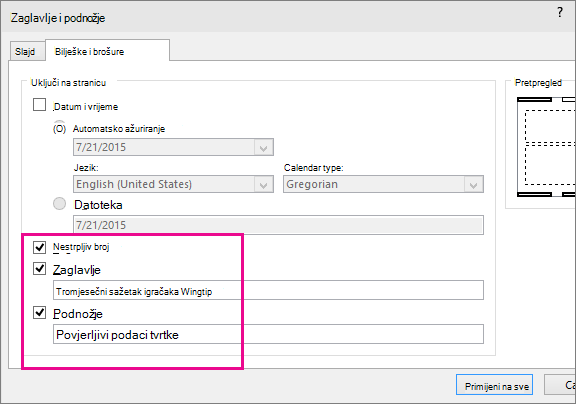 Prikaz dijaloškog okvira sa zaglavljem u programu PowerPoint
