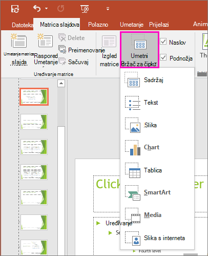 Prikazuje gumb Umetni rezervirano mjesto u prikazu matrice slajdova u programu PowerPoint