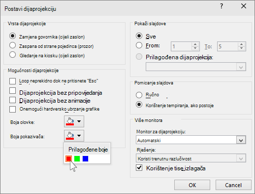 Prikaz mogućnosti laserskog pokazivača u programu PowerPoint