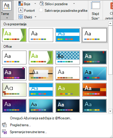 Prikazuje mogućnosti tema matrice slajdova u programu PowerPoint