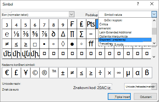 Prikaz podskupa eksponenata i indeksa u dijaloškom okviru Simboli u programu PowerPoint