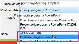 Spremanje u obliku predloška programa PowerPoint