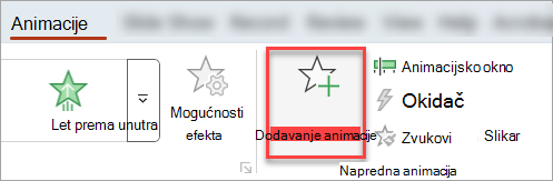 Gumb Dodaj animaciju na kartici Animacije.