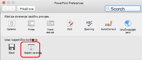 U dijaloškom okviru Preference programa PowerPoint u odjeljku Izlaz i zajedničko korištenje kliknite Dijaprojekcija.