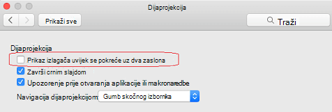 U dijaloškom okviru Dijaprojekcija poništite potvrdni okvir Uvijek pokreni prikaz izlagača s dva zaslona.