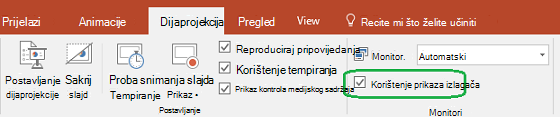 Kartica Dijaprojekcija u programu PowerPoint sadrži potvrdni okvir za kontrolu korištenja prikaza izlagača kada prezentaciju prikazujete drugim korisnicima.