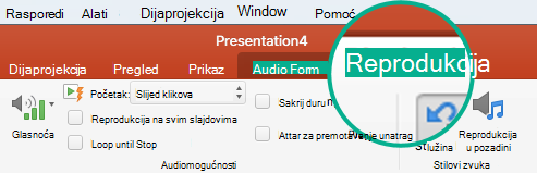 Kada na slajdu odaberete audioisječak, na vrpci alatne trake pojavit će se kartica Reprodukcija za postavljanje mogućnosti reprodukcije.