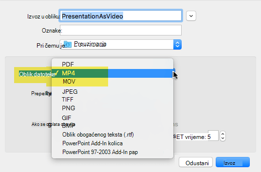 Pretplatnici na Office 365 mogu izvesti prezentaciju u videozapis kao MP4 ili MOV datoteku