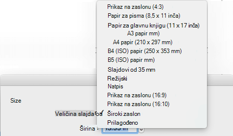 U dijaloškom okviru Postavljanje stranice postoji nekoliko unaprijed definiranih mogućnosti veličine slajda