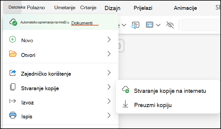 Za spremanje prezentacije na računalo koristite značajku Preuzmi kopiju
