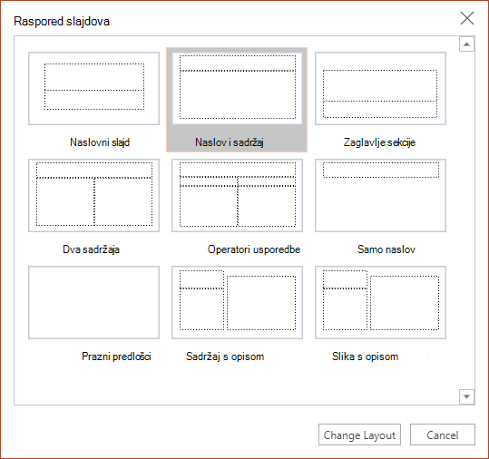 Dijaloški okvir Raspored slajda u programu PowerPoint za web.