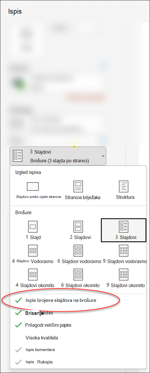 Dijaloški okvir Ispis u programu PowerPoint koji pokazuje mogućnost ispisa brojeva slajdova na brošure.