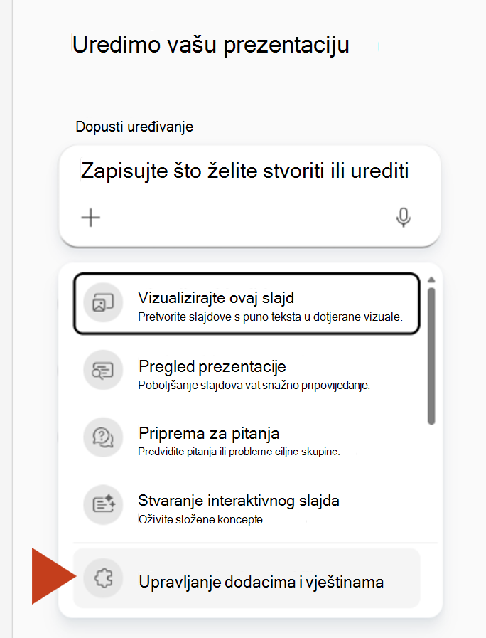 Snimka zaslona koja prikazuje odabir mogućnosti Upravljanje dodacima i vještinama s izbornika s plusom u oknu rješenja Copilot.