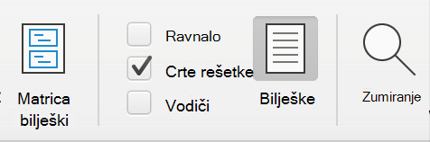 Snimka zaslona potvrdnog okvira Crte rešetke na kartici Prikaz u programu Microsoft PowerPoint.