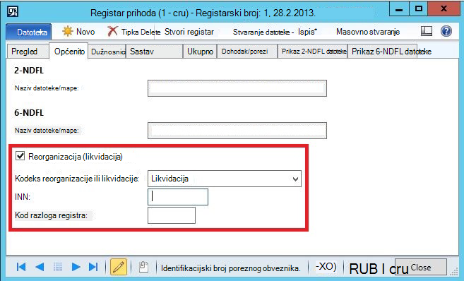 Podaci o reorganizaciji tvrtke u registru podataka o prihodima