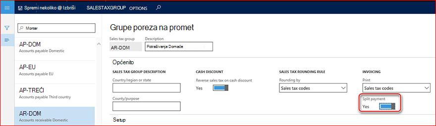 Na ovoj je slici prikazano kako omogućiti parametar podjele plaćanja.