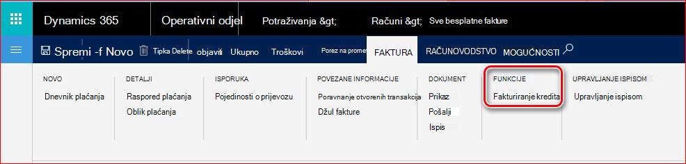 Na ovoj je slici prikazano kako pronaći funkciju fakturiranja kredita.