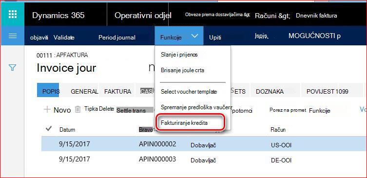 Na ovoj je slici prikazano kako pronaći funkciju fakturiranja kredita.