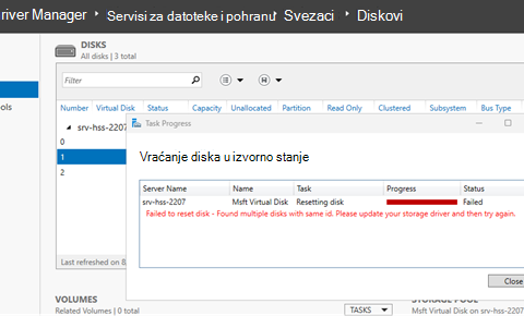 Vraćanje diska na zadane postavke nije uspjelo