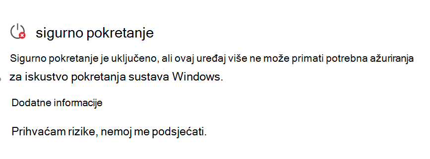 Odjeljak Sigurno pokretanje koji prikazuje status Potrebna je radnja s crvenom ikonom zaustavljanja.