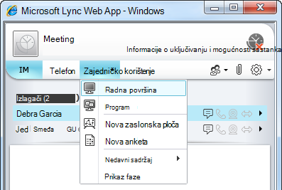 Izbornik zajedničkog korištenja web-aplikacije Lync Web App