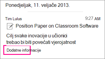 Snimka zaslona sa sažetom izravnom porukom u obliku priče i istaknutom mogućnosti prikaza dodatnih informacija