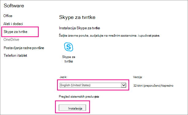 Na prvoj stranici čarobnjaka za postavljanje Skypea odaberite jezik.