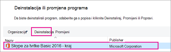 Na Upravljačka ploča odaberite Deinstalacija programa, a zatim Skype za tvrtke