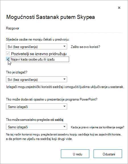 Meeting options dialog with announce when people enter or leave highlighted