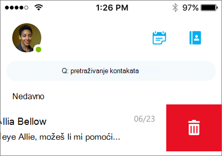 Snimka zaslona na kojoj se prikazuje brisanje razgovora u aplikaciji Skype za tvrtke za iOS.