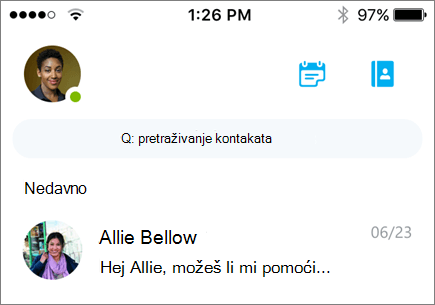 Snimka zaslona koja prikazuje nedavne razgovore na servisu Skype za tvrtke za iOS.