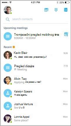 Početni zaslon Skype za tvrtke za iOS